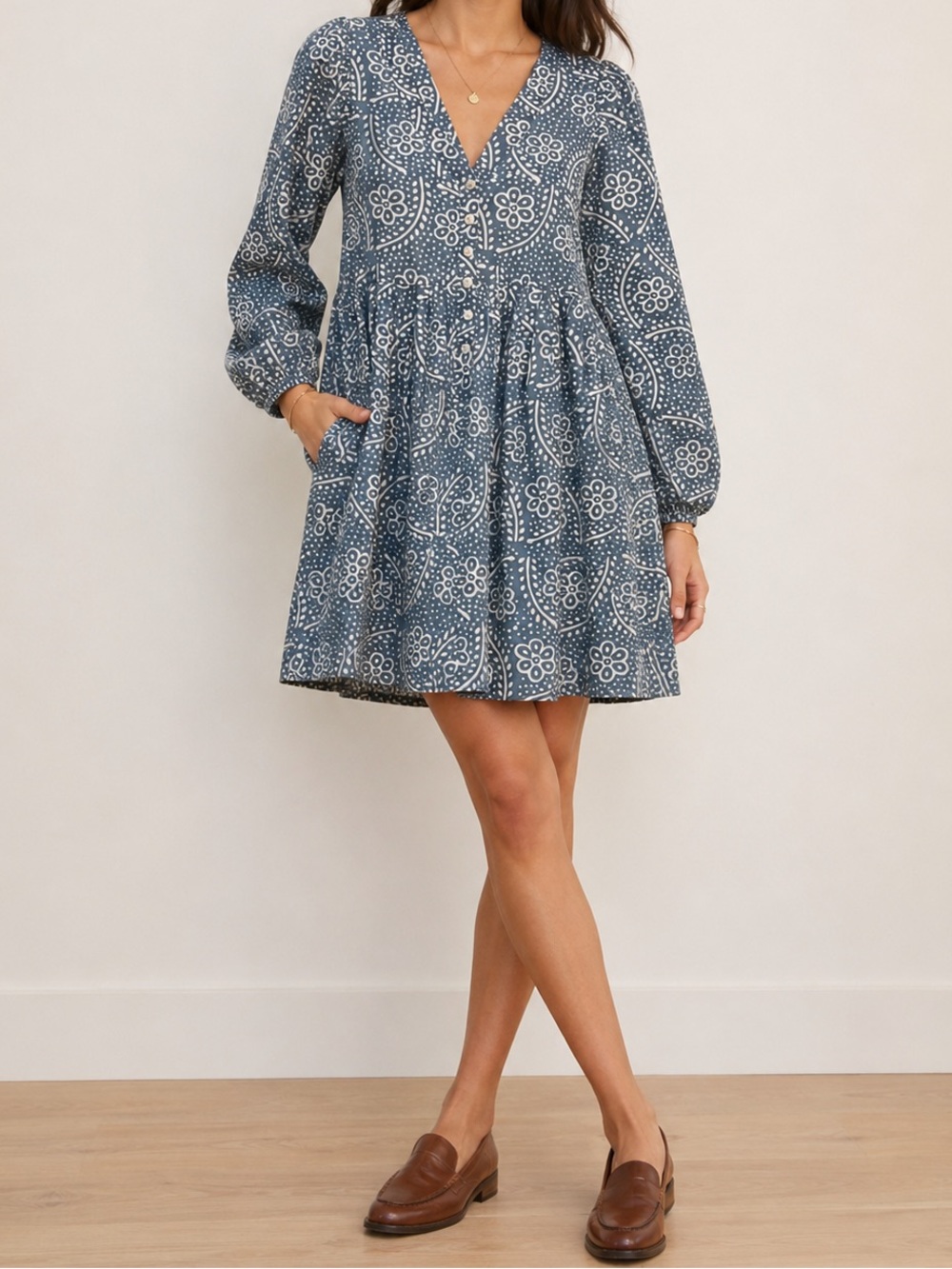 Madewell | Long Sleeve Chambray Paisley Print Mini Dress